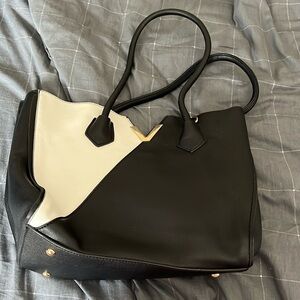 Black White Colorblock Tote Bag Gold V Accent Faux Leather Purse
